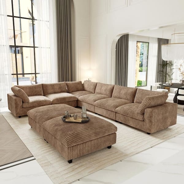 Modular Sectional Brown Ribbed Velvet U Shaped Sofa