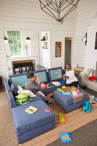Modular Sectional: Denim Blue Hinged Storage Seats