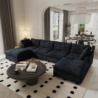 Modular Sofa 157 Inch Width Ribbed Velvet U-Shaped Lounge