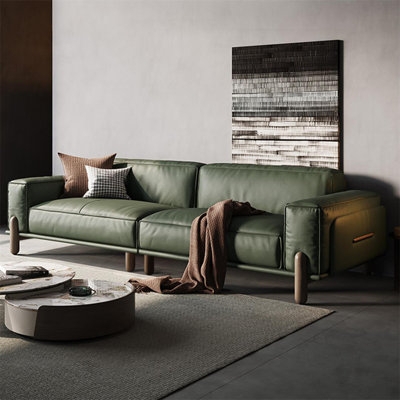 Modular Sofa: Olive Leather with Cylindrical Legs
