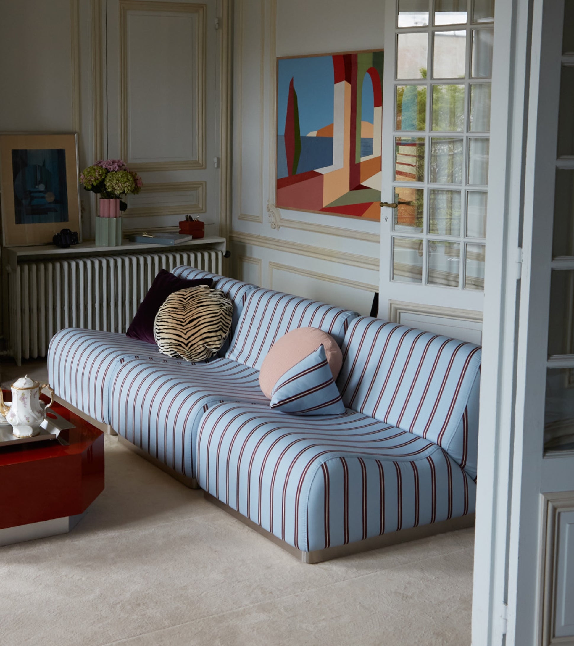 Modular Sofa With Plinth Base and Vertical Stripes