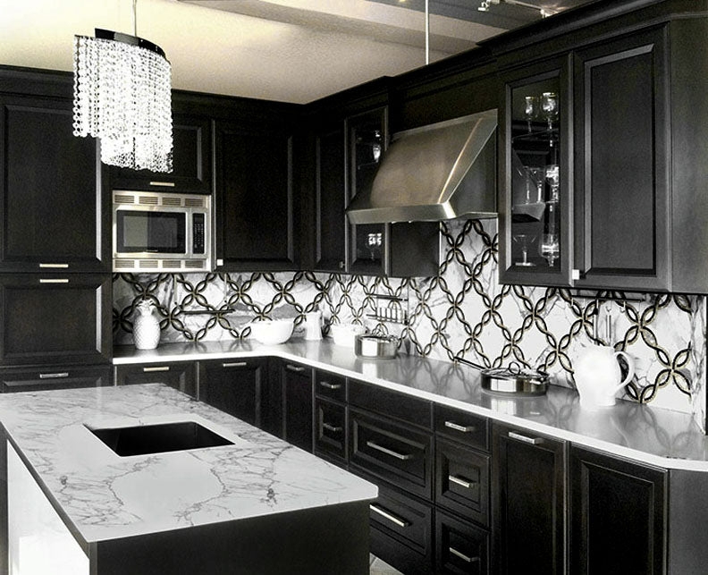 Mosaic Backsplash Waterjet Pattern and Matte Black Cabinetry