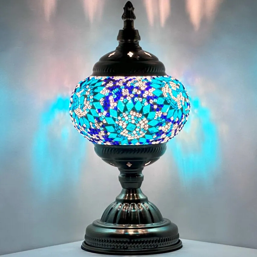 Mosaic Table Lamp Cold Blue Pearl Flower Pattern Antique Bronze