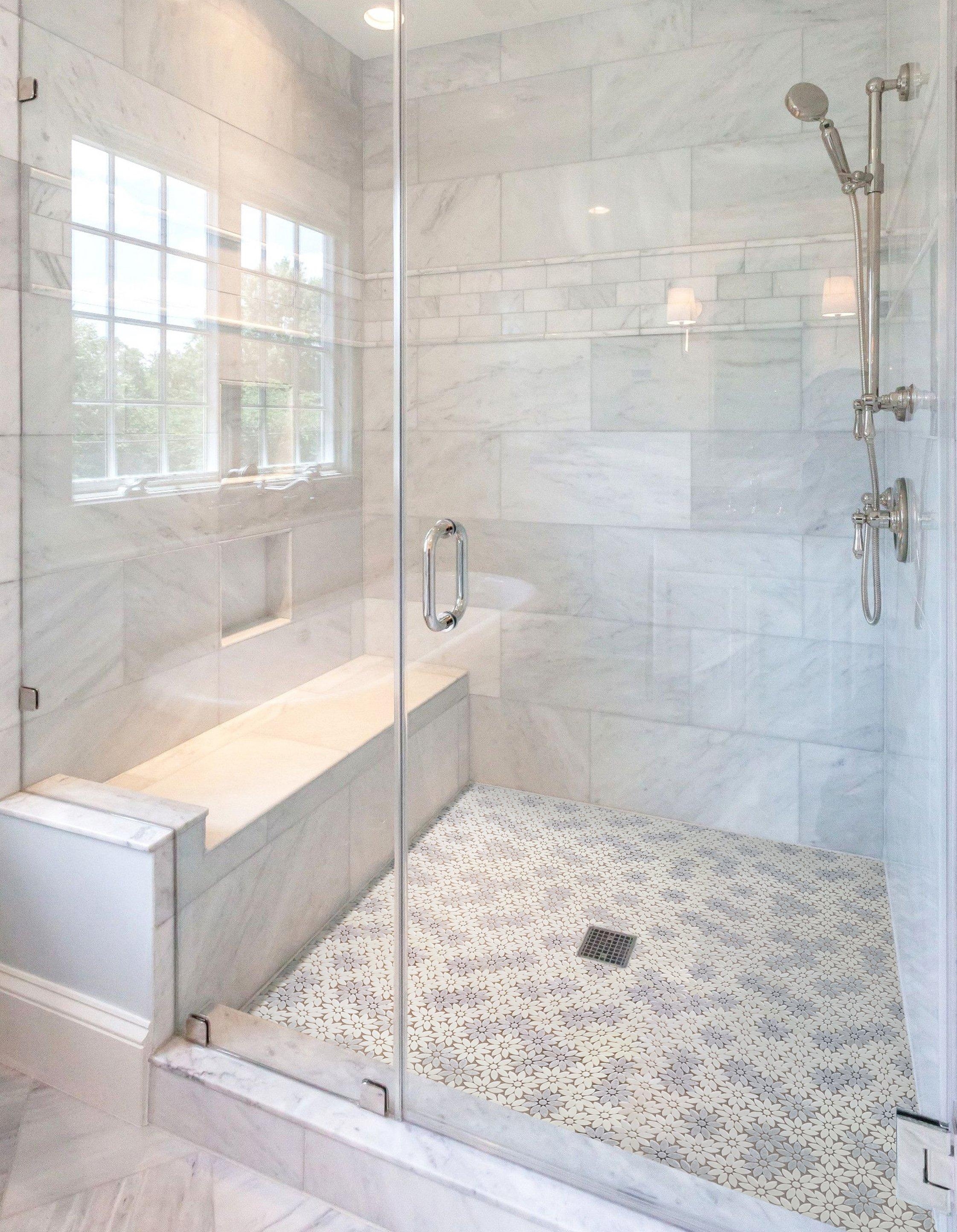 Mosaic Tile Luxury Walk-In Shower Floral Daisy Motif