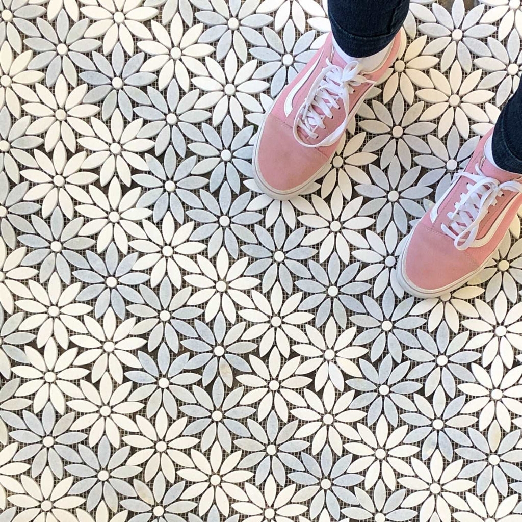 Mosaic Tile Marquise Shaped Petals Cottage Style Floor