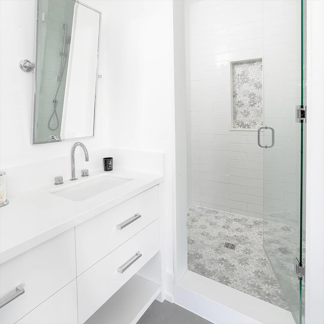 Mosaic Tile Monochromatic Palette Grey Floral Bathroom