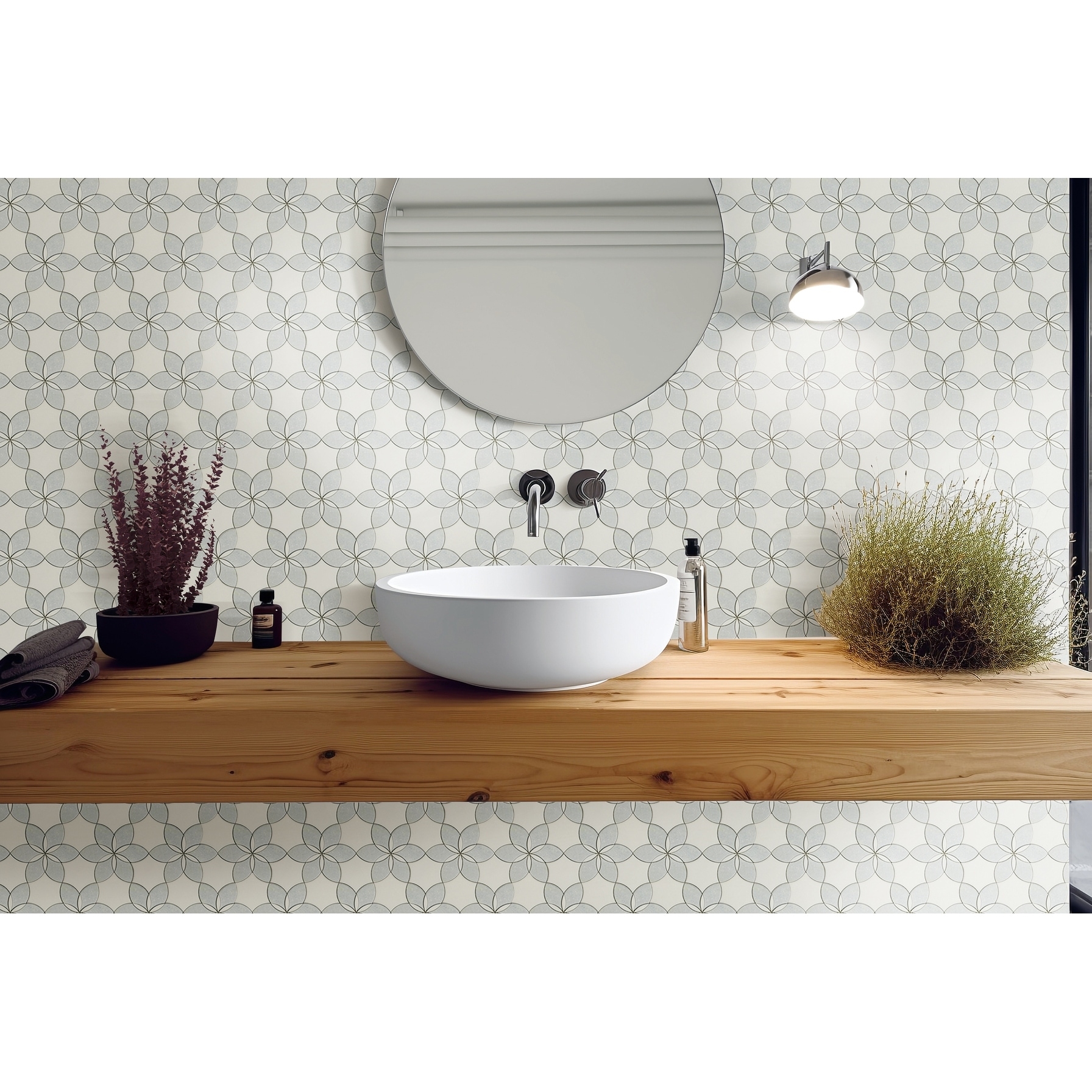 Mosaic Tile Thassos White Stone Water Jet Floral Motif