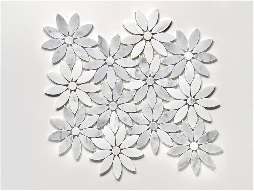 Mosaic Tile White Gray Carrara Botanical Stone Wall