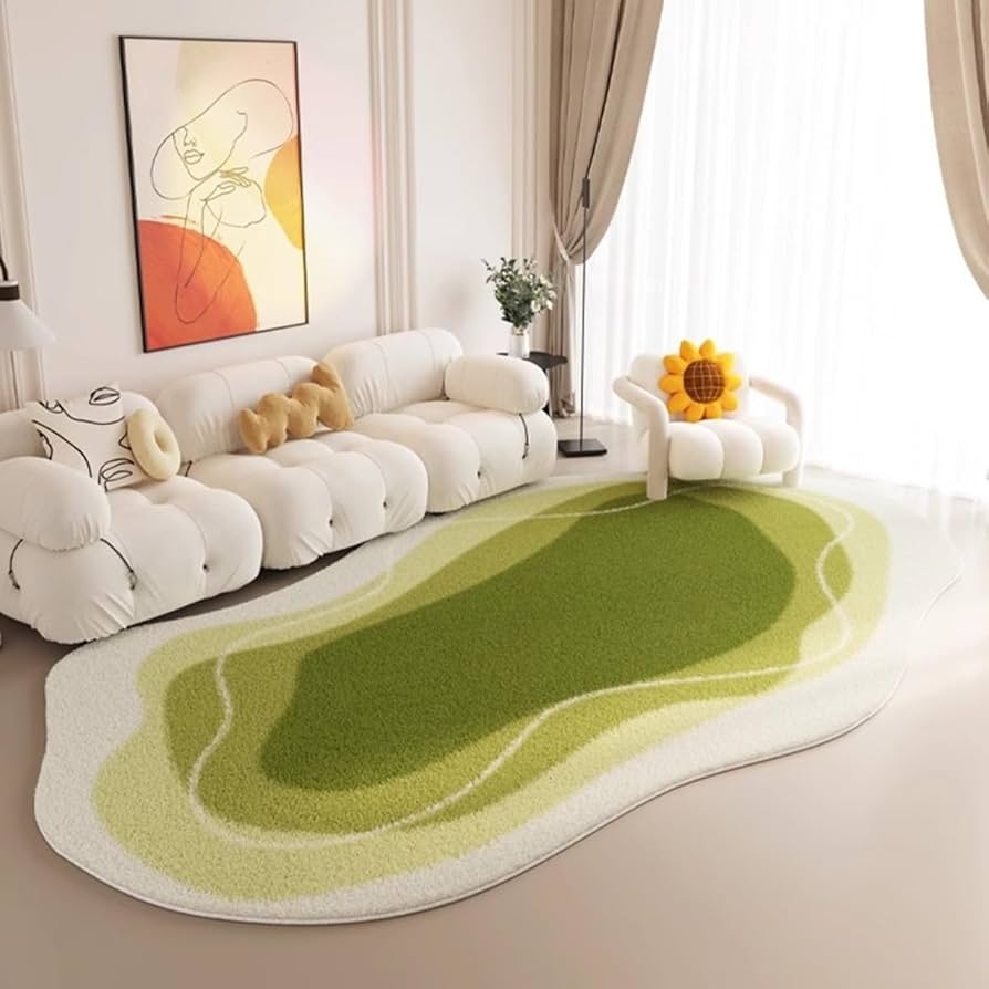 Moss Green Irregular Area Rug with Topographic Organic Carpet Pattern.