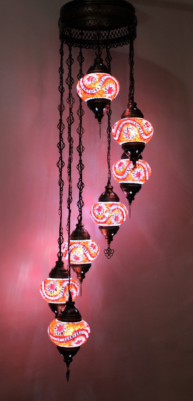 Multi Light Pendant Spiral Cascade Red Star Mosaic Seven Globes