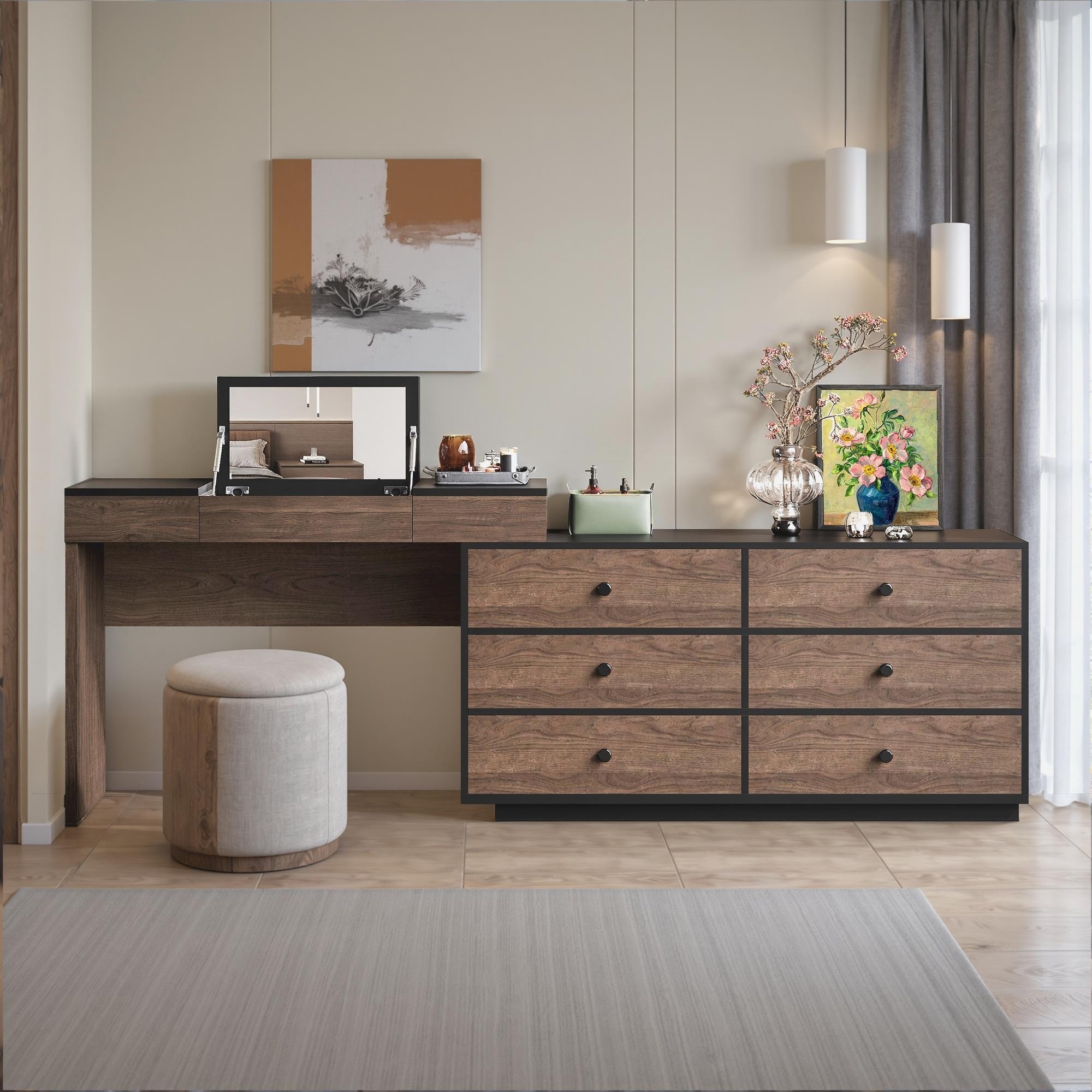 Multifunctional Dresser Desk: Flip Top Six Drawer Walnut