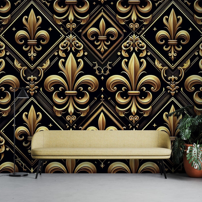 Mural Wallpaper | Large Scale Black Gold Fleur-de-lis Mural