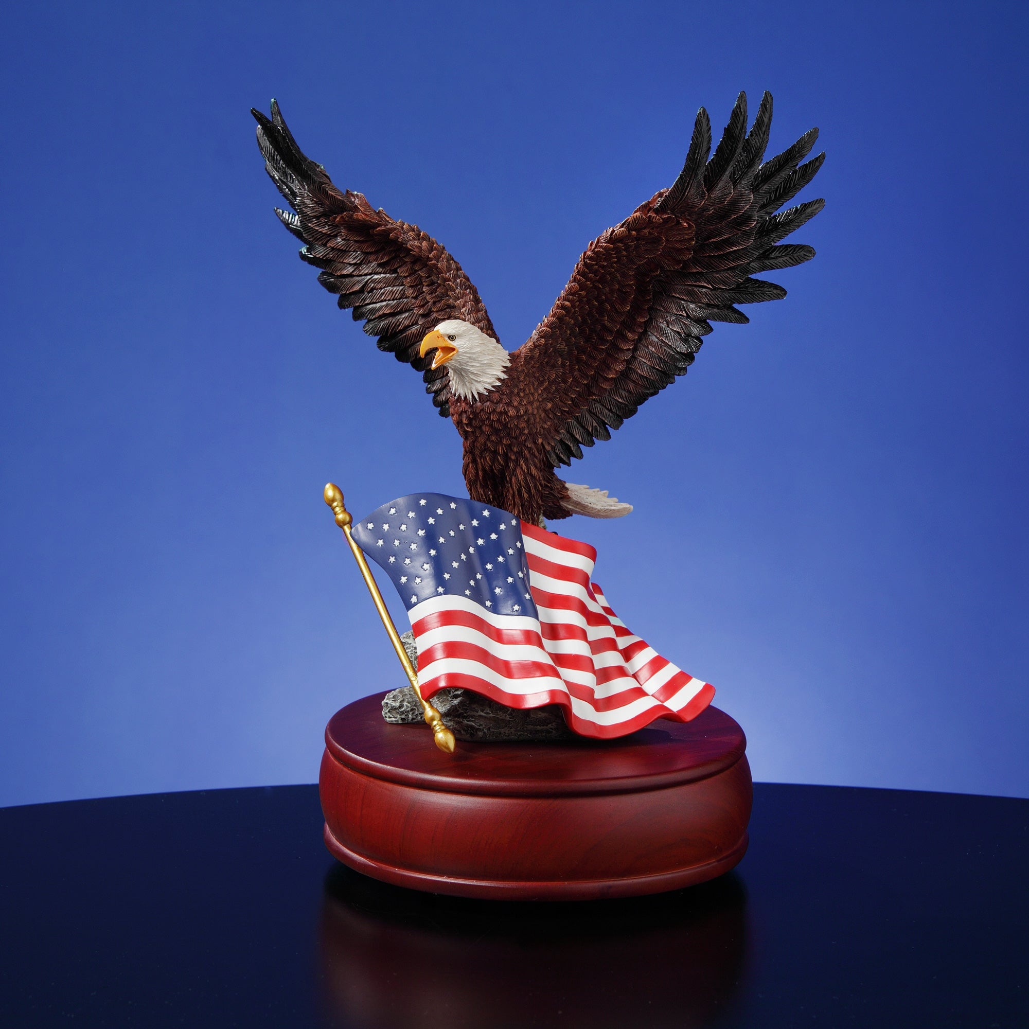 Music Box Figurine American Flag Round Pedestal Base Gold Tipped Pole