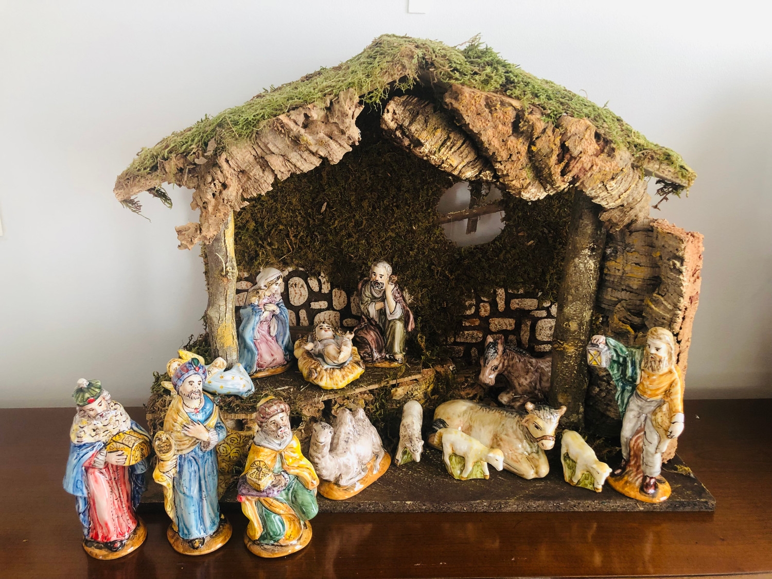 Nativity Scene featuring Bark Crèche and Glazed Hand Painted Details