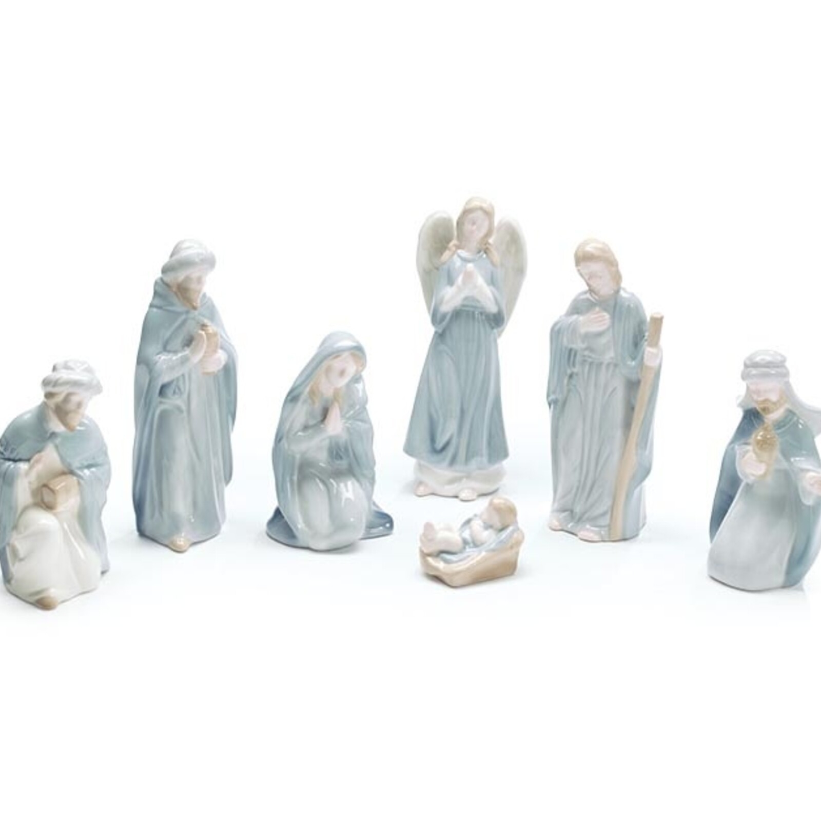 Nativity Set featuring Stylized Figures and Pale Blue Palette