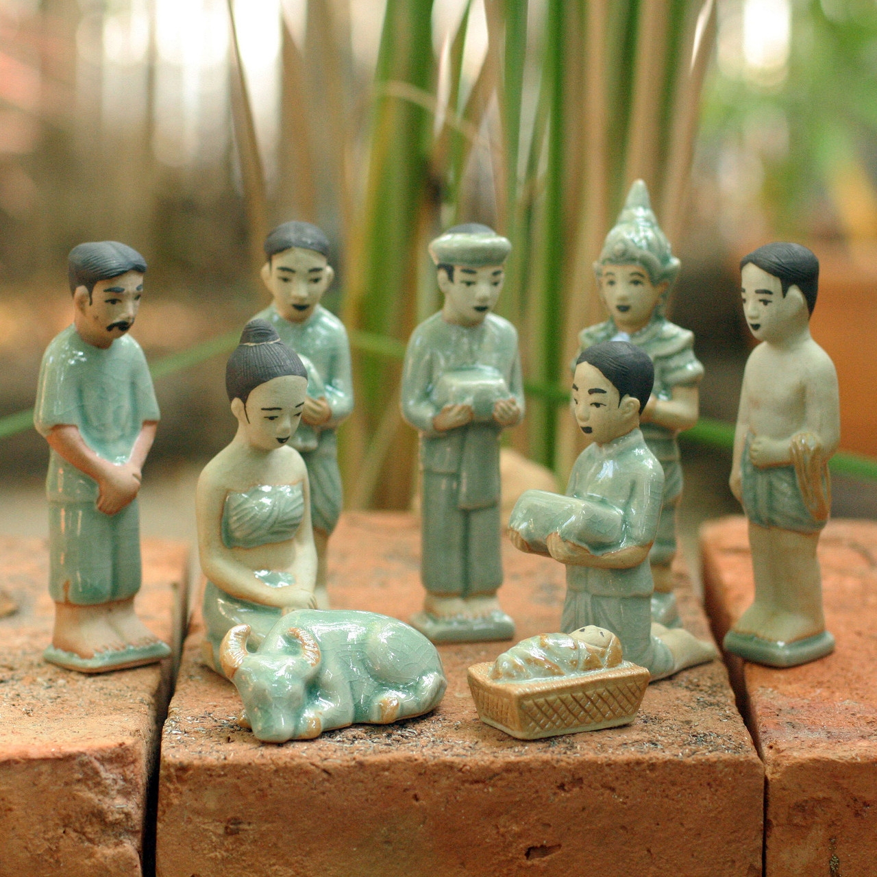 Nativity Set in Celadon Glaze featuring Thai Cultural Figurines