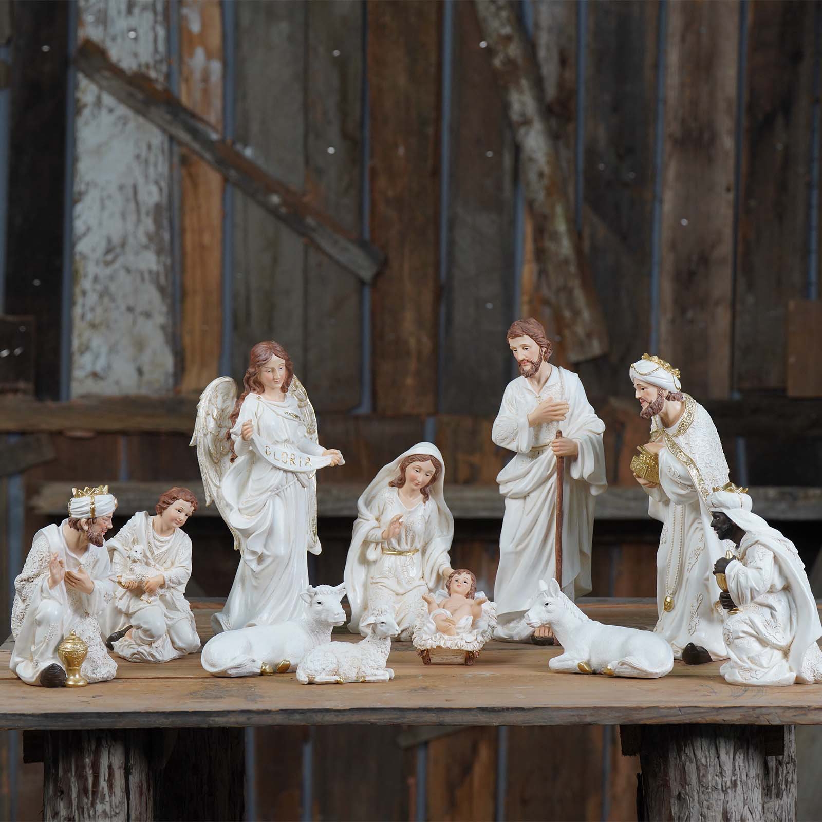 Nativity Set in Ivory Monochrome with 11 Piece Gold Leaf Accents