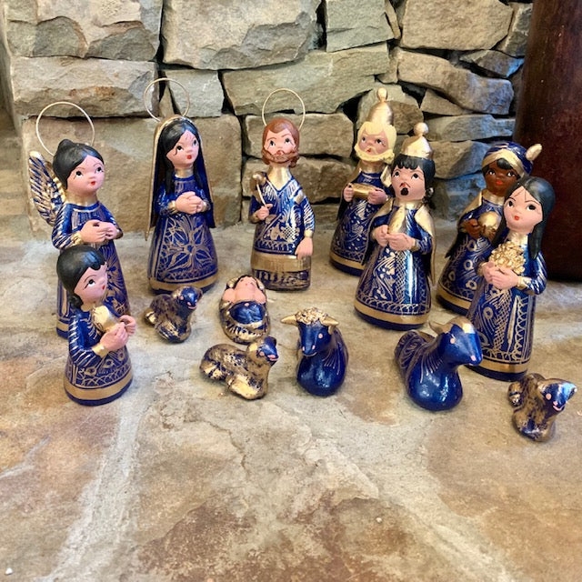 Nativity Set with Cobalt Blue Glaze and Gold Wire Halos Pottery
