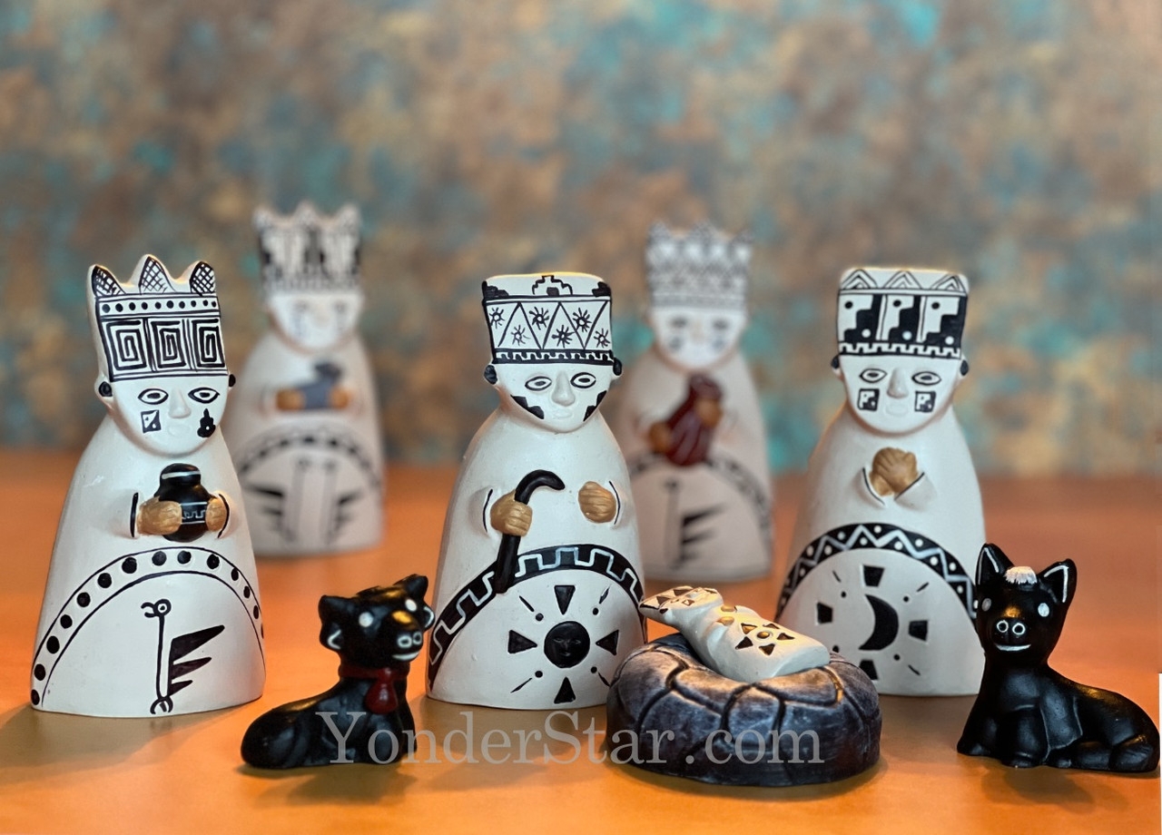 Nativity Set with High Contrast Line Art and Peruvian Aesthetic