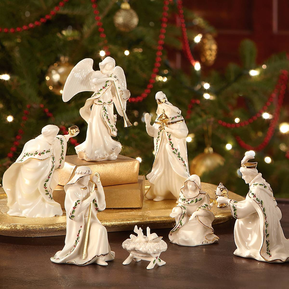 Nativity Set with Holly Leaf Trim and Ivory Porcelain Gold Rimmed