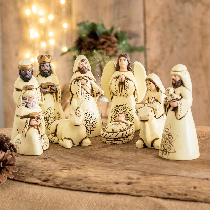 Nativity Set with Mandala Patterns and Cream and Brown Palette