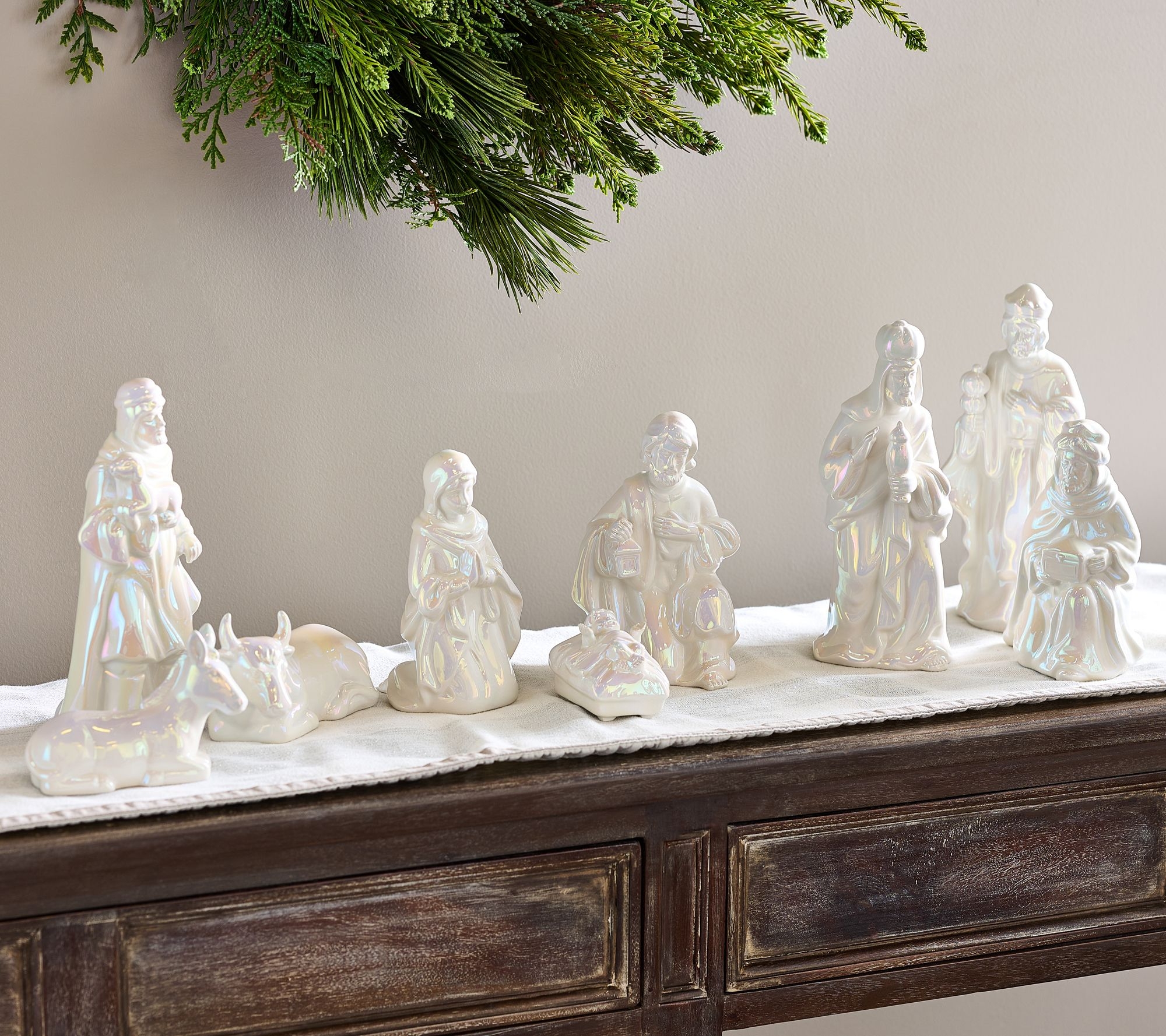Nativity Set with Pearlescent Glaze and Shimmering White Finish