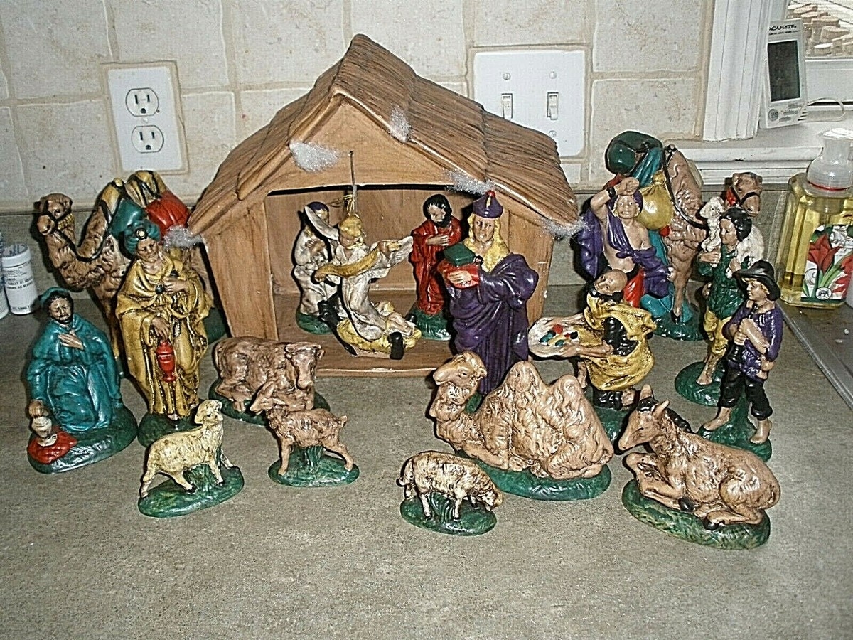 Nativity Set with Textured Stable and 20 Piece Hand Painted Ceramic