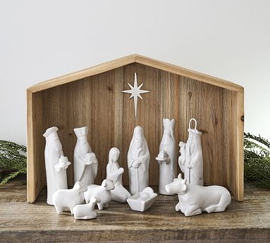 Nativity Set with Wood Manger House and Stark White Figurines
