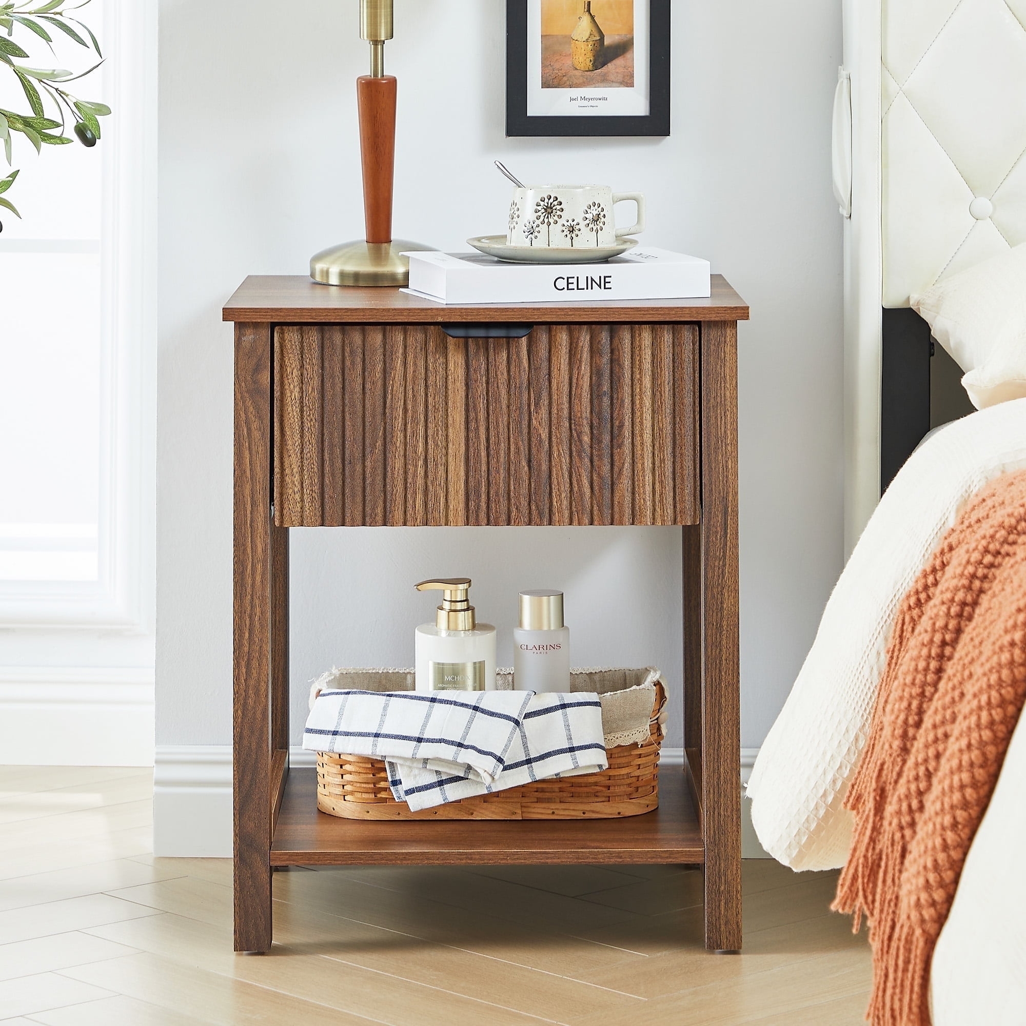 Nightstand Displaying Walnut Finish and Open Storage