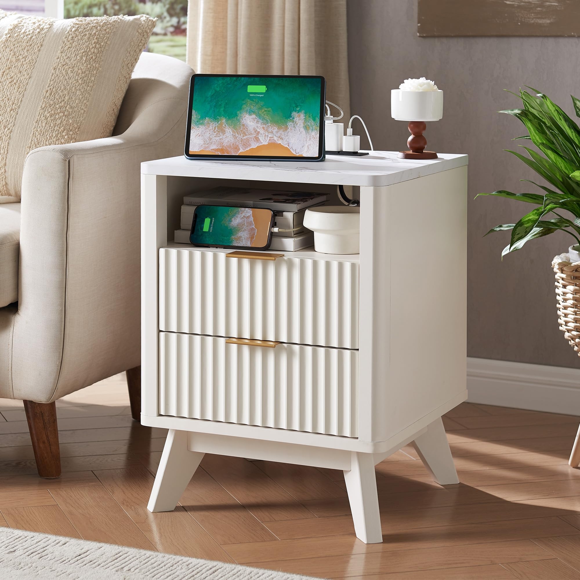 Nightstand Offering Integrated Charging in Solid White