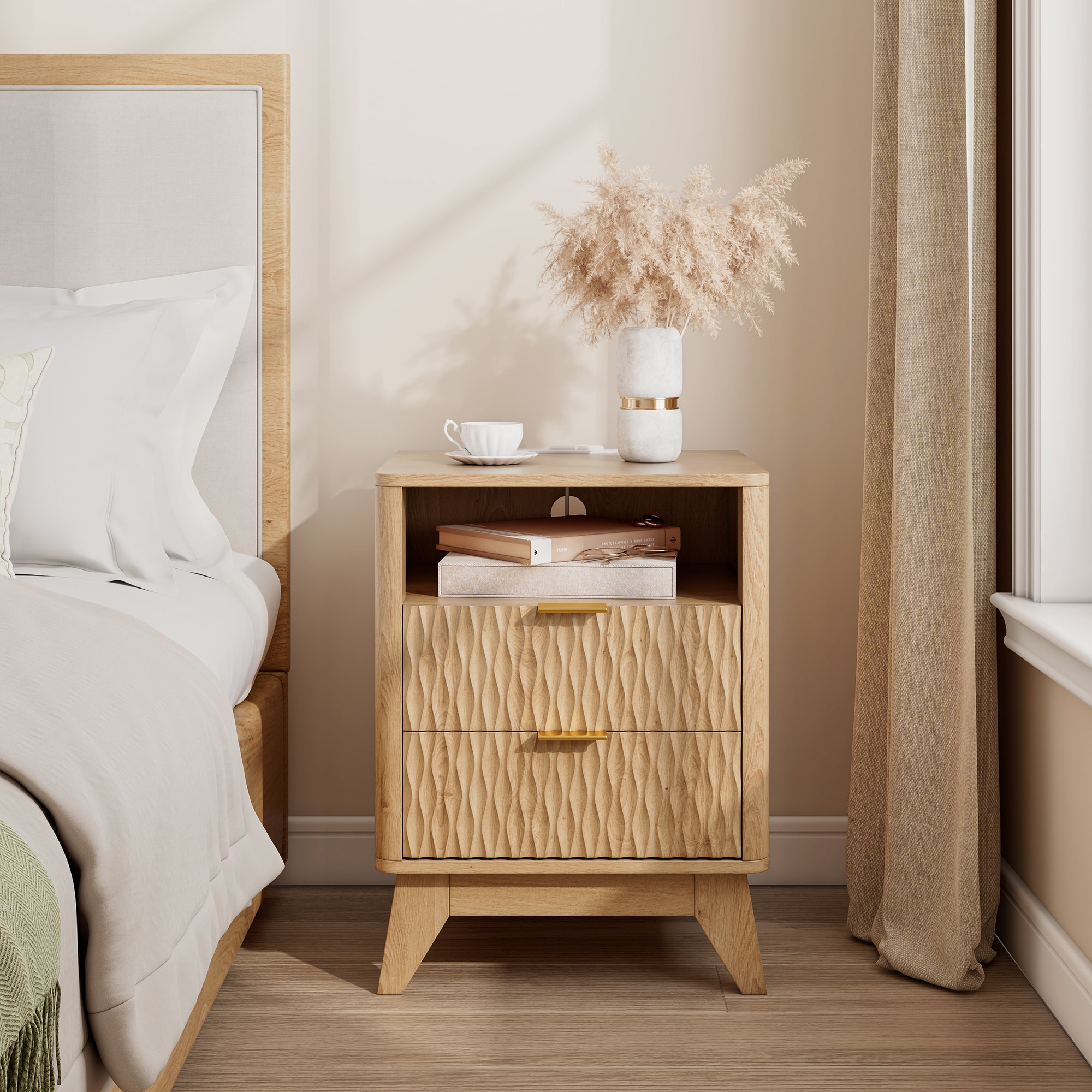 Nightstand with Charging Station and Light Oak Finish