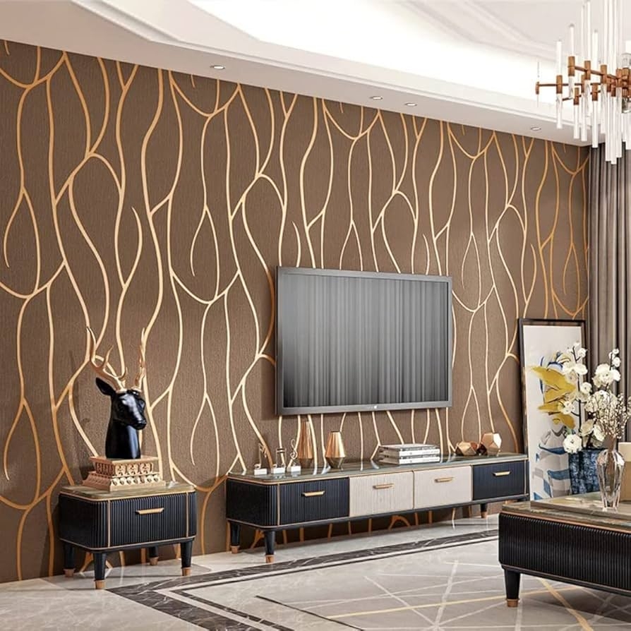 Non-Woven Wallpaper: Organic Gold Lines with Textured Coffee Finish