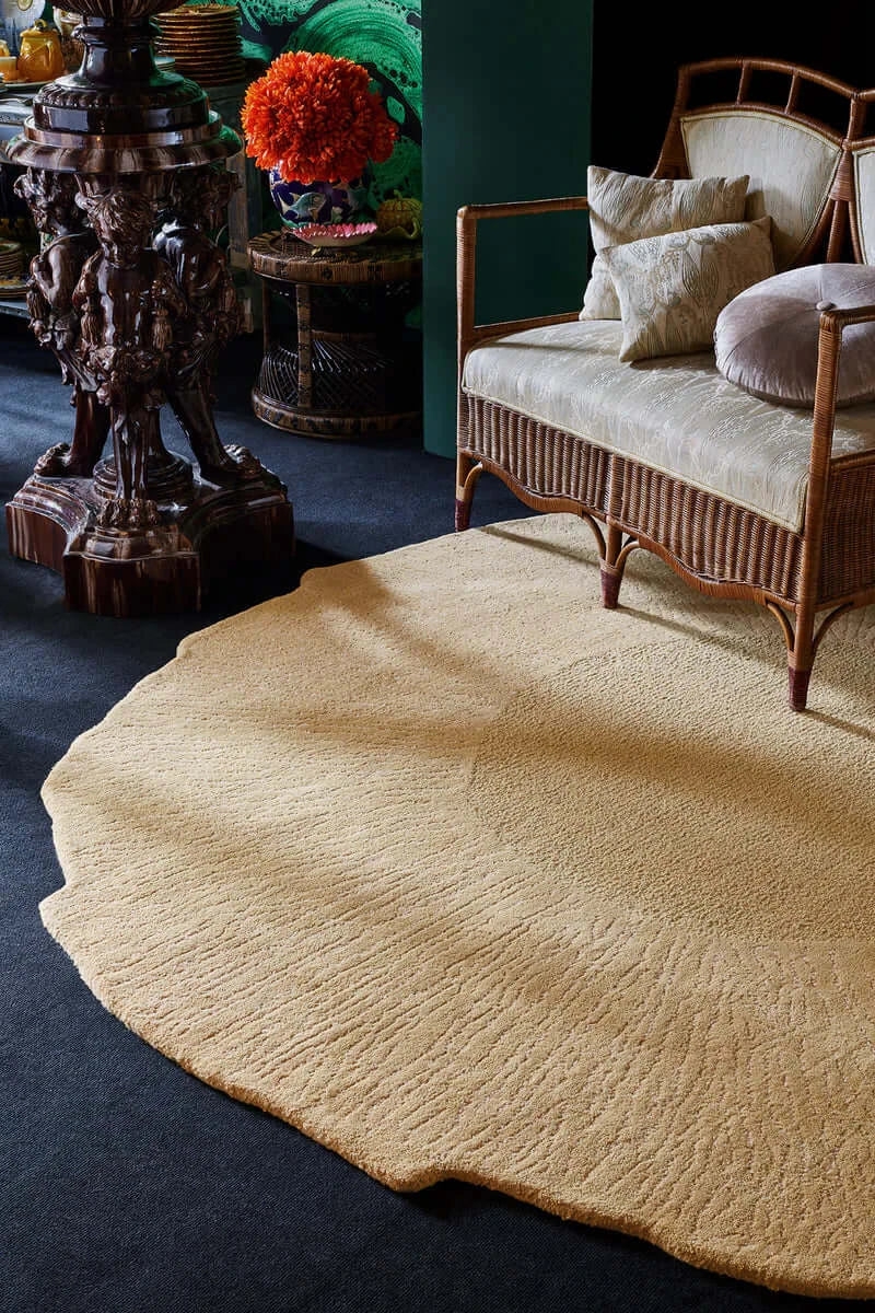 Ochre Irregular Rug with Radiating Sunburst Floor Covering Texture.