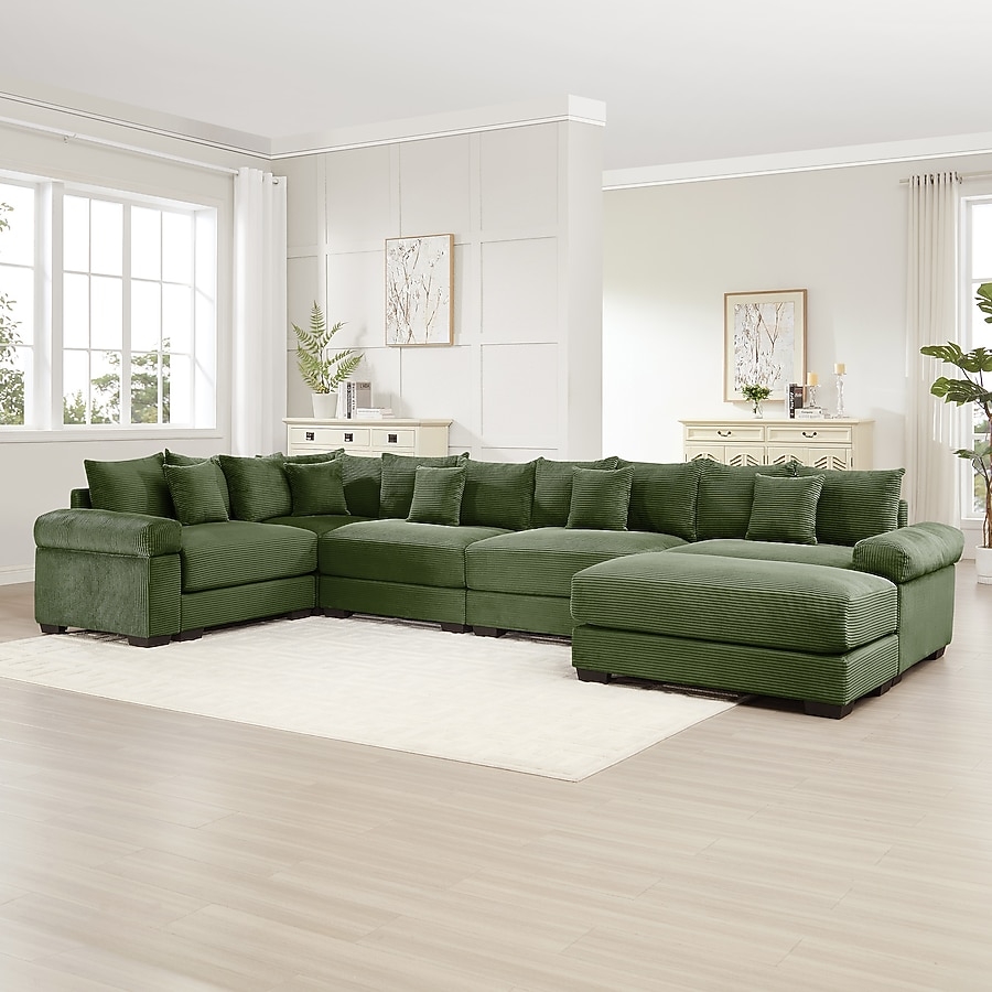 Olive Green Corduroy Sectional Sofa with Deep Seating Profile