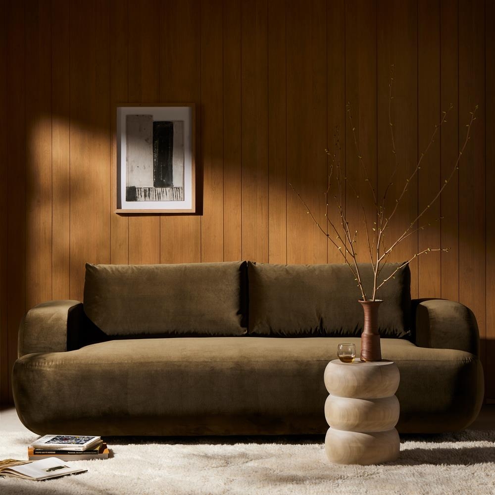 Olive Green Velvet Sofa with Rounded Blocky Arms and Monolithic Base