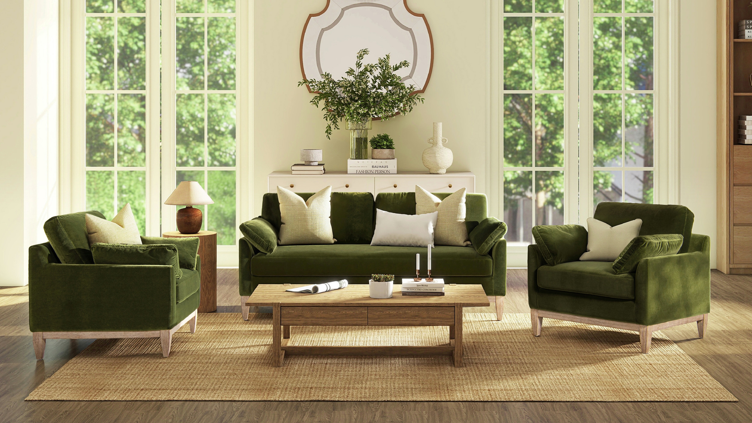 Olive Green Velvet Track Arm Sofa with Tapered Wood Legs