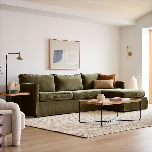Organic Modern Sectional Sofa with Skirted Slipcover Base