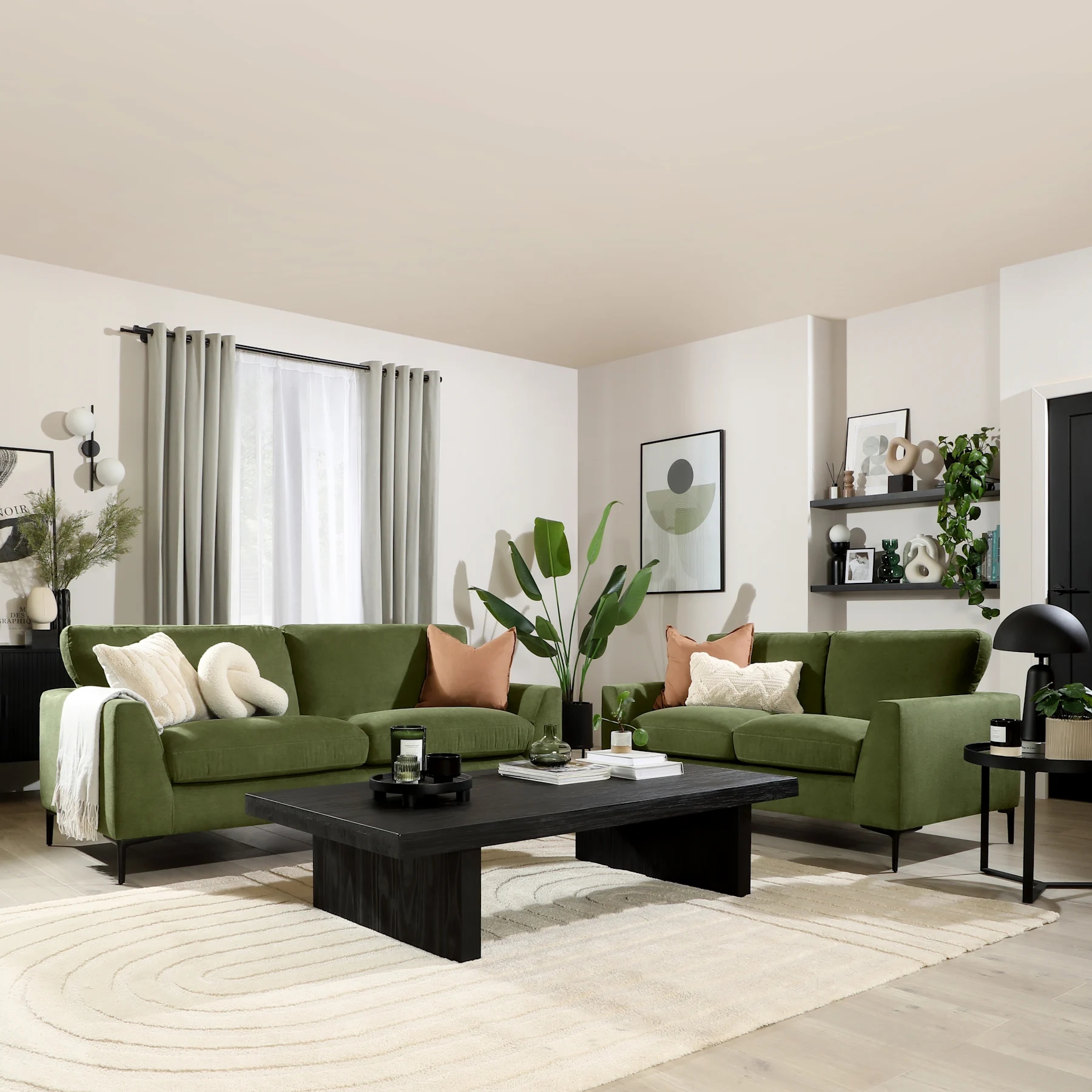 Organic Modern Sofa Set with Slim Arms and Matte Black Legs