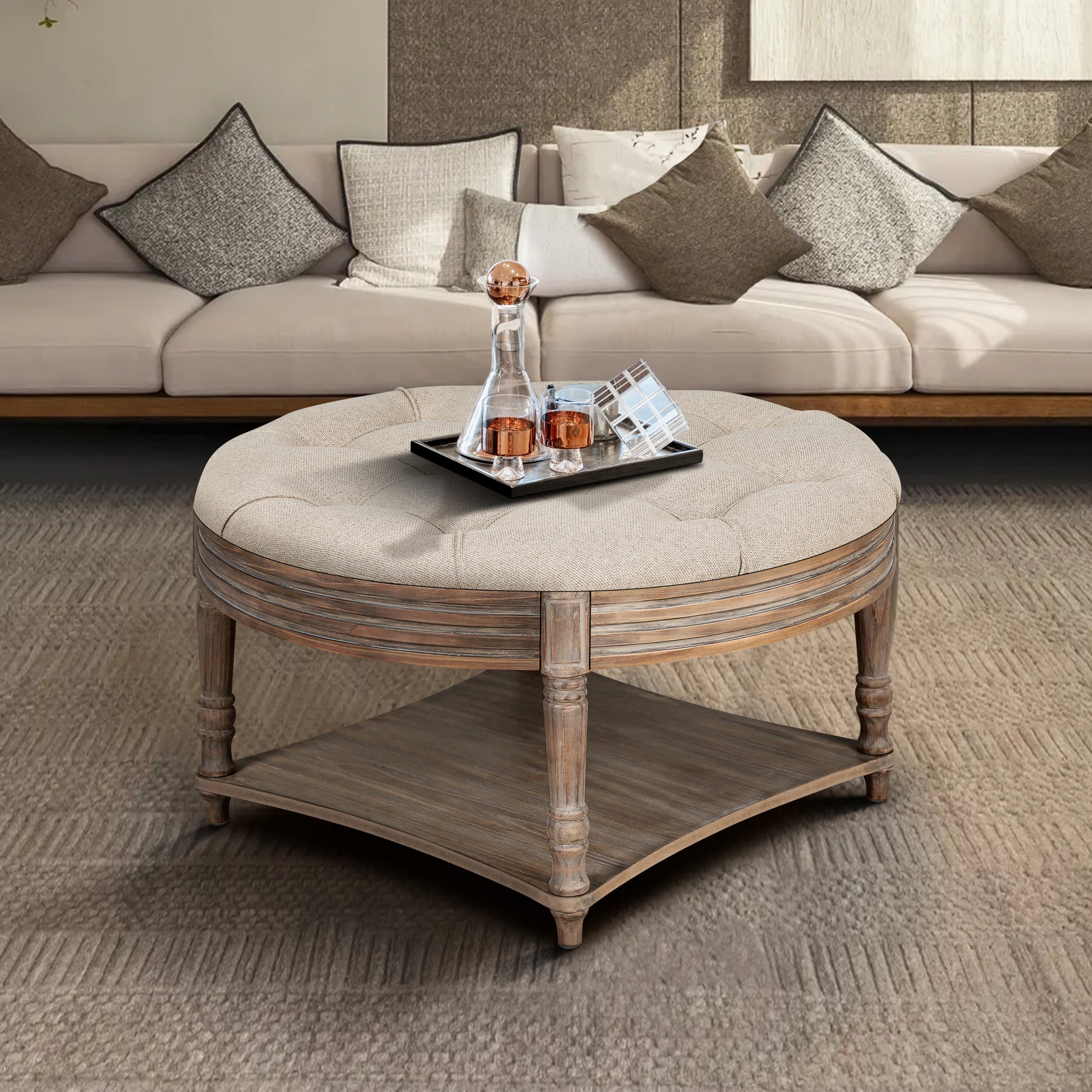 Ottoman Coffee Table: Weathered Wood Farmhouse Storage Shelf