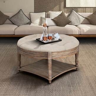 Ottoman Coffee Table: Weathered Wood Farmhouse Storage Shelf