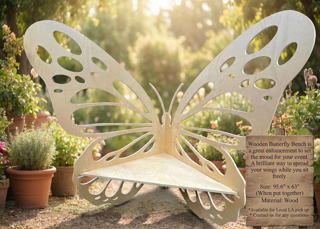Outdoor Bench Sculptural Wood Butterfly Wing Accent