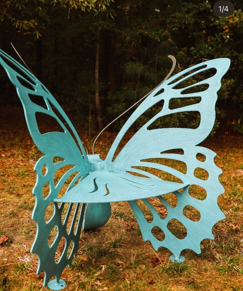 Outdoor Bench Teal Blue Metal Wing Backrest Sculpture