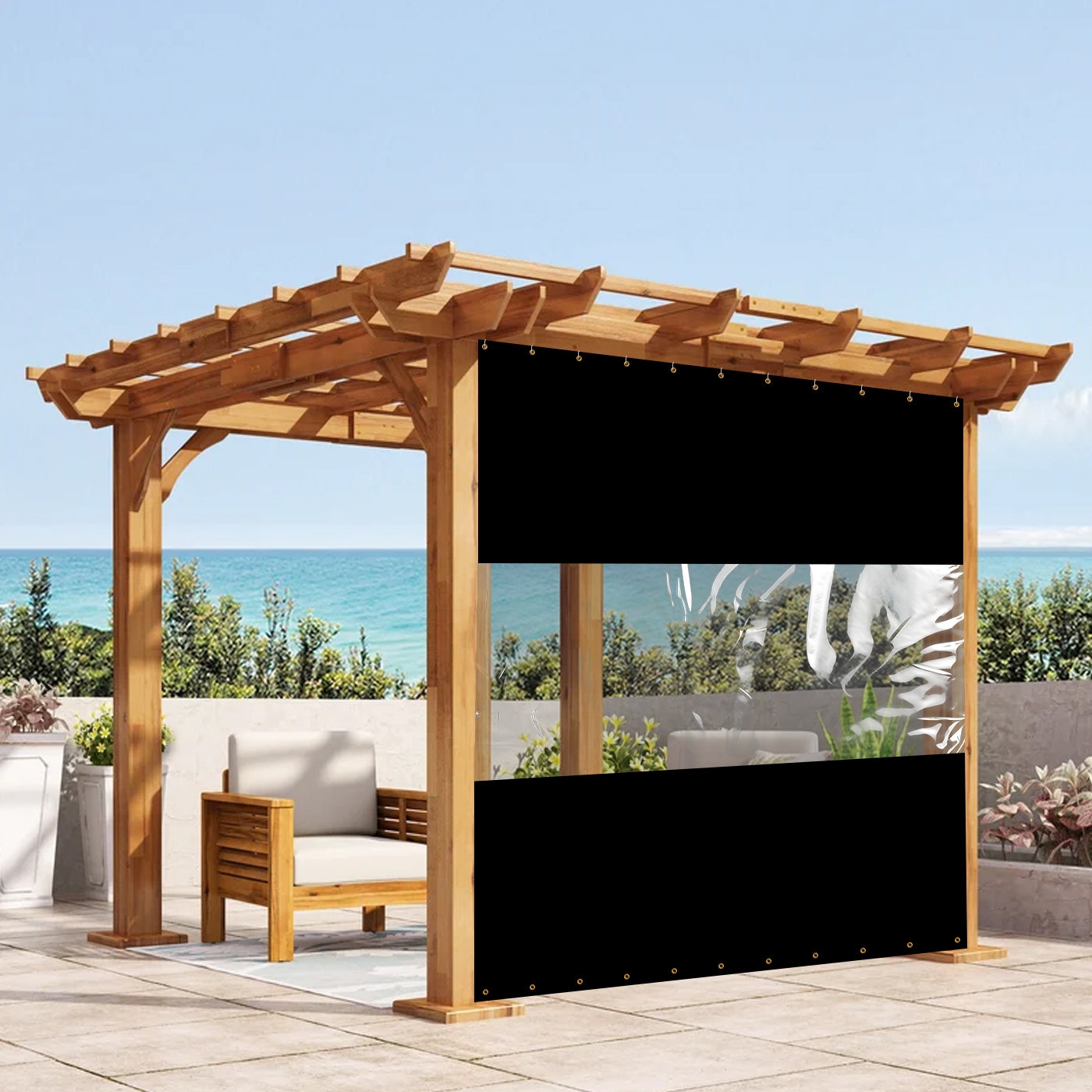 Outdoor Curtain: Clear View Panel Tri-Section Design