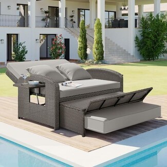 Outdoor Daybed with Double Chaise Design Wicker Lounge Ottoman