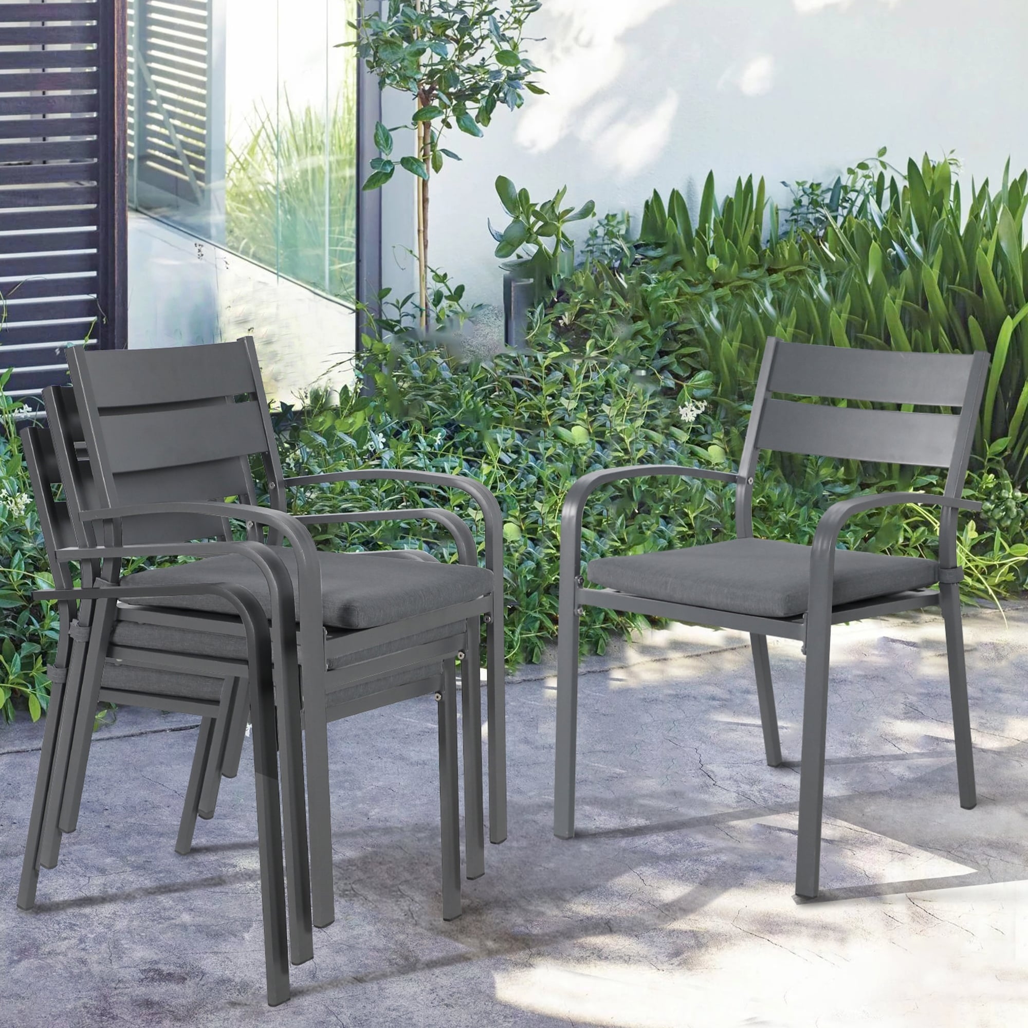 Outdoor Dining Chair Slatted Back Anthracite Metal Frame