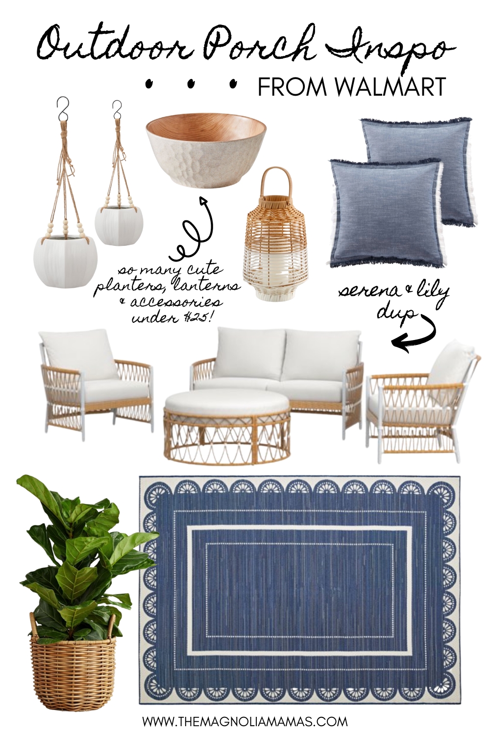 Outdoor Furniture Set with Scalloped Border Rug & Navy Blue Rug