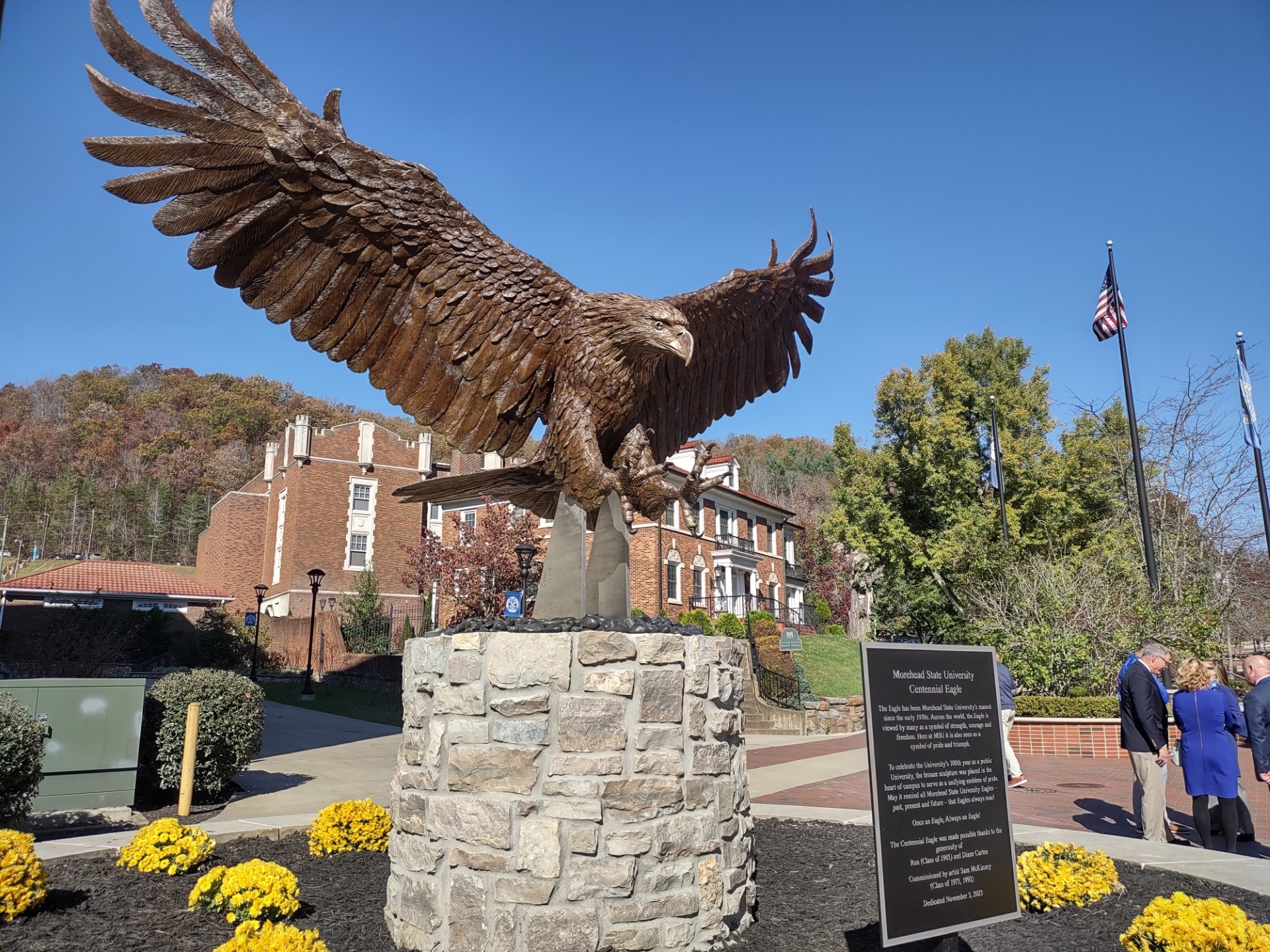 Outdoor Sculpture Bronze Eagle Monument Stacked Stone Base Collegiate