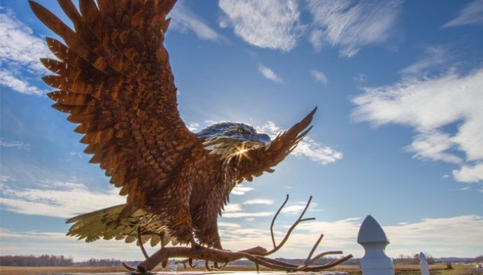 Outdoor Sculpture Weathered Metal Eagle Industrial Art Branch Base