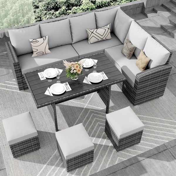 Outdoor Sectional Set Slatted Dining Table and Wicker