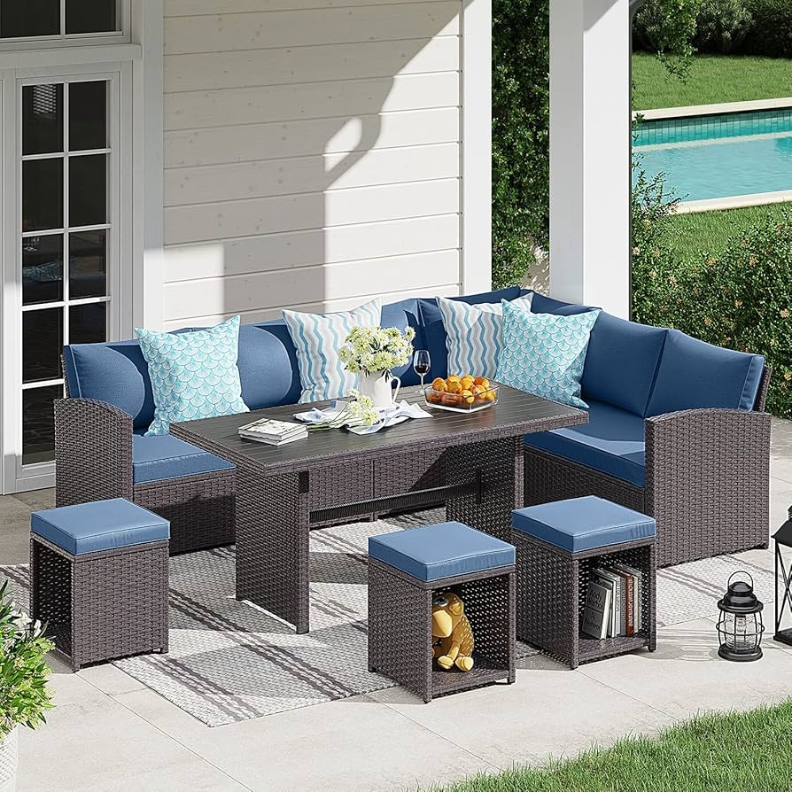 Outdoor Sectional Set with Storage Ottomans and Aegean Blue